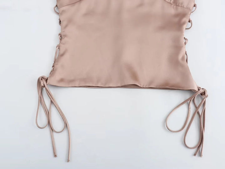 Saanvi Nude Pink Spaghetti Strap Side Lace Up Crop Tank Top