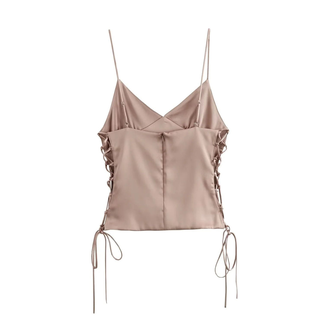 Saanvi Nude Pink Spaghetti Strap Side Lace Up Crop Tank Top