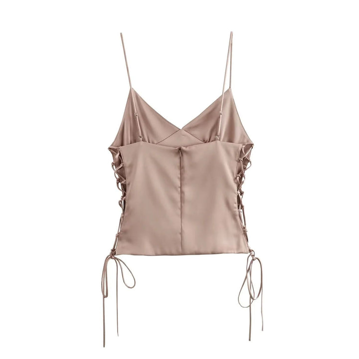 Saanvi Nude Pink Spaghetti Strap Side Lace Up Crop Tank Top