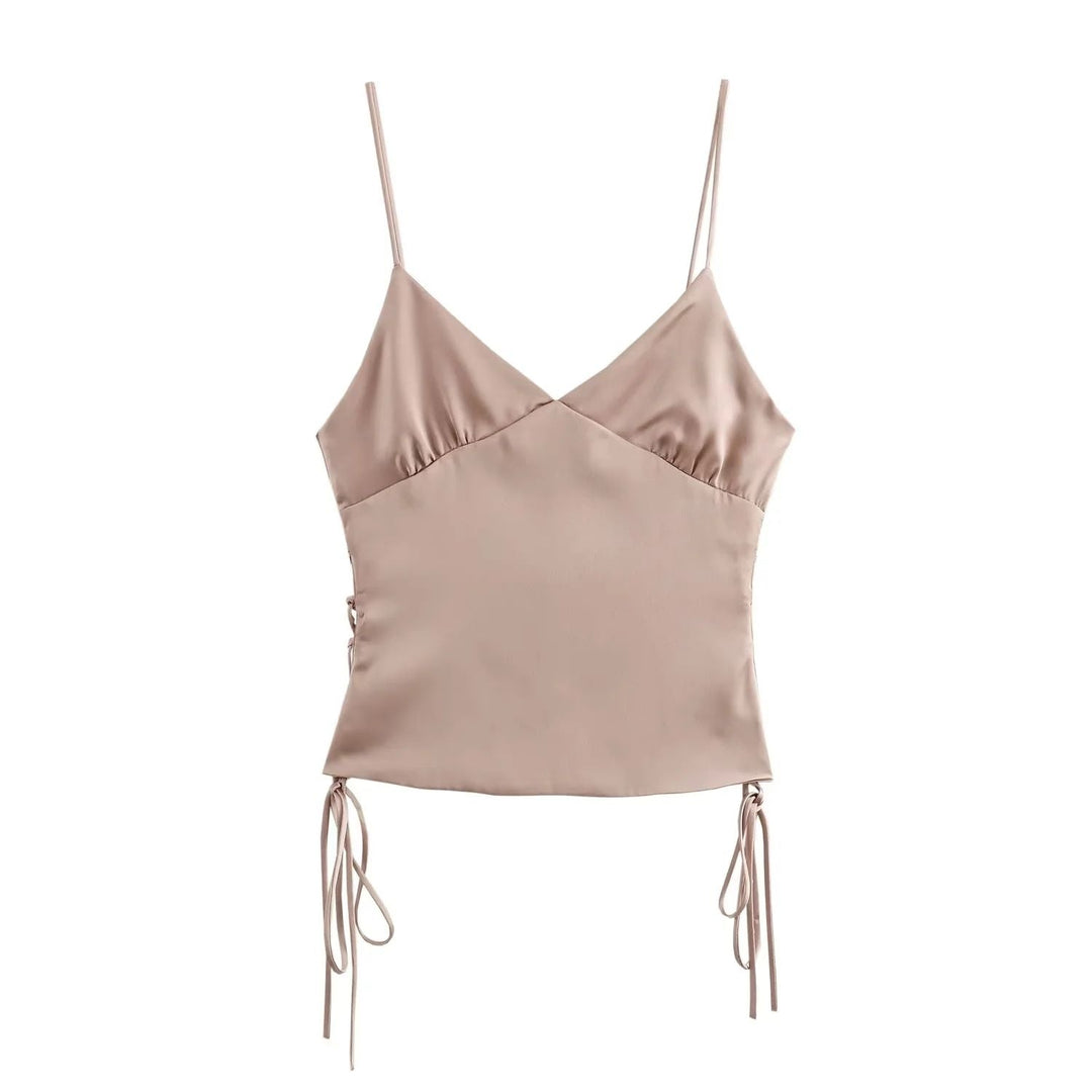 Saanvi Nude Pink Spaghetti Strap Side Lace Up Crop Tank Top