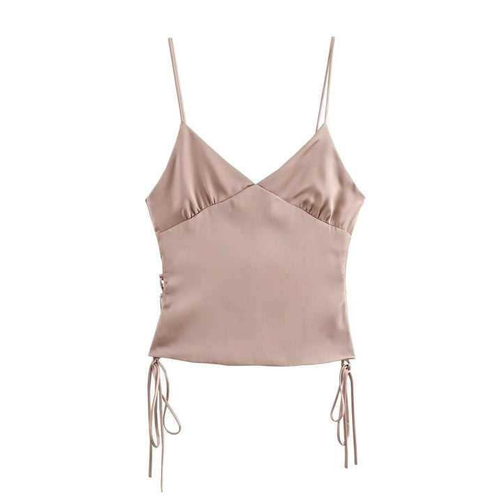 Saanvi Nude Pink Spaghetti Strap Side Lace Up Crop Tank Top
