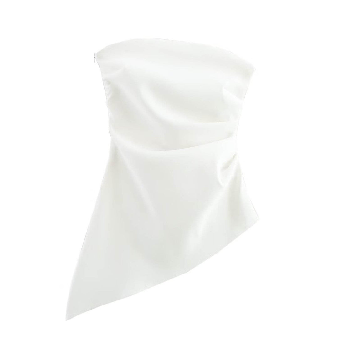 Riya White Tube Asymmetrical Pleated Casual  Tank Top