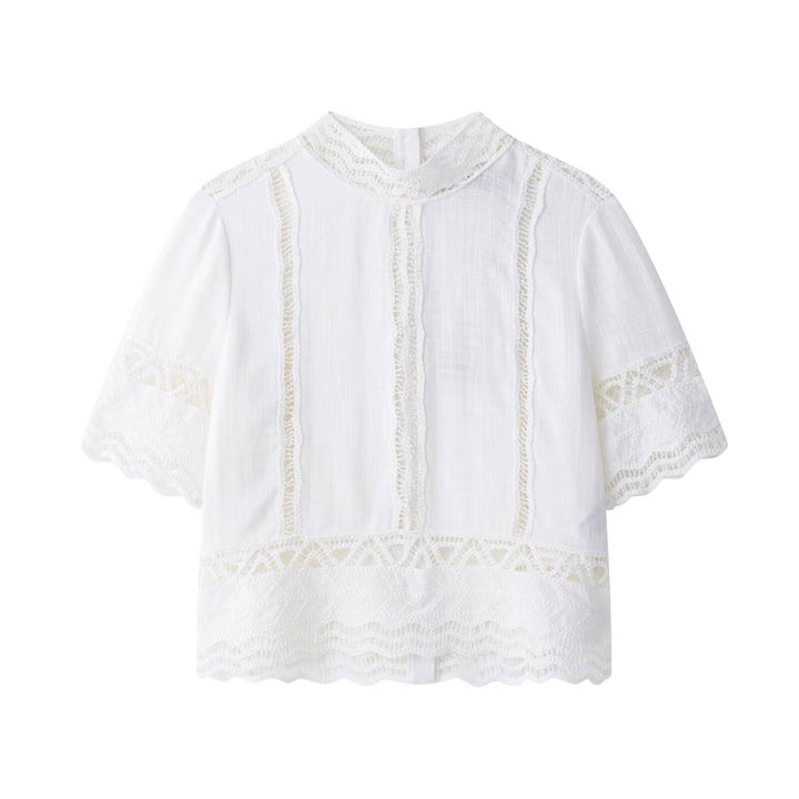 Ellison White Temperament Crochet Detail Short Sleeve Shirt Top