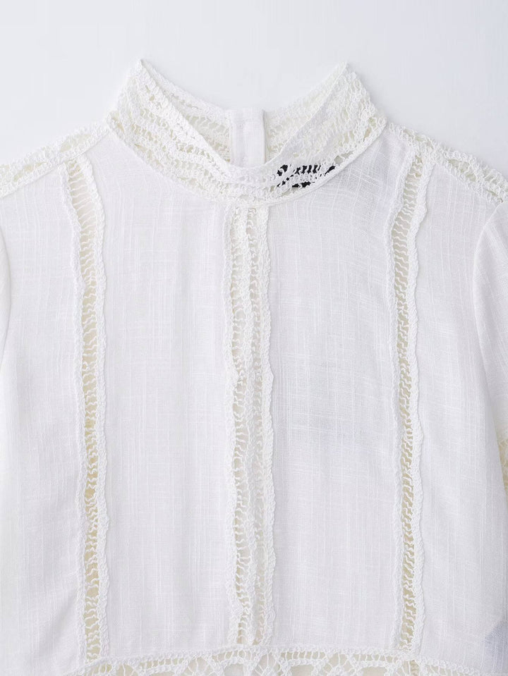Ellison White Temperament Crochet Detail Short Sleeve Shirt Top
