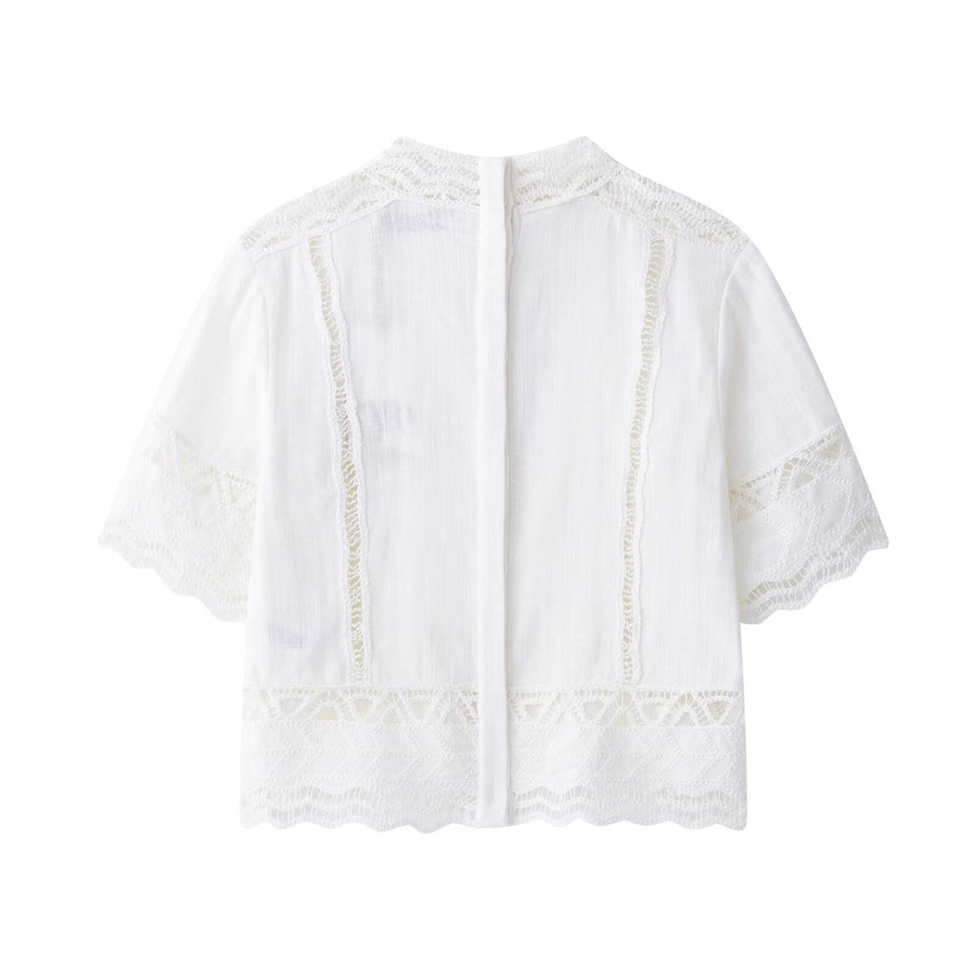 Ellison White Temperament Crochet Detail Short Sleeve Shirt Top