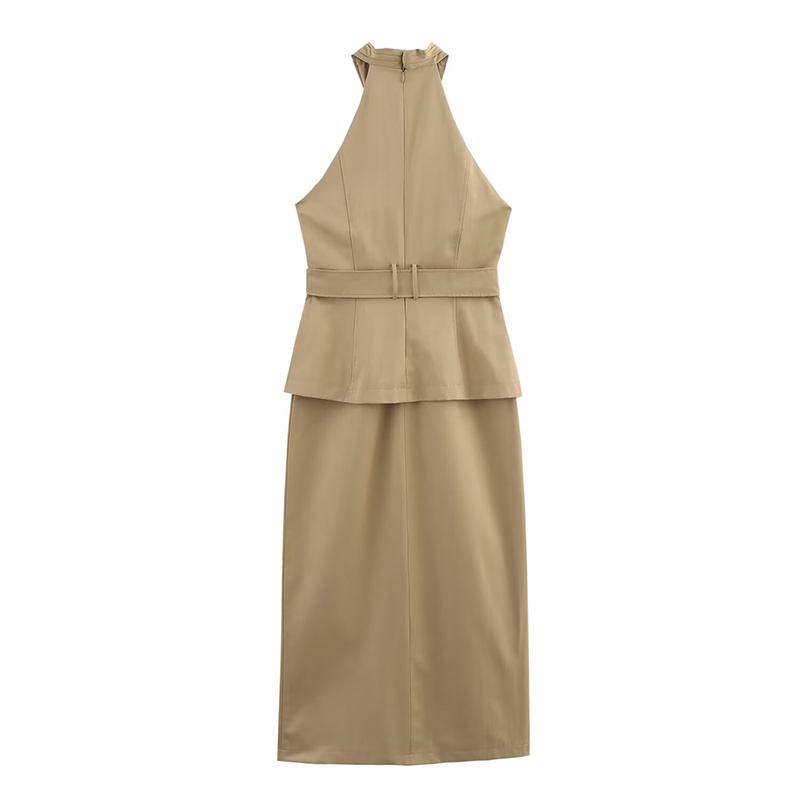 Jaslynn Khaki Belt Cross Retro Sleeveless  Midi Dress