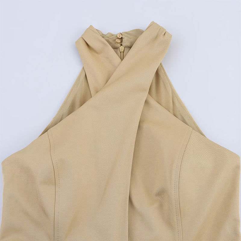 Jaslynn Khaki Belt Cross Retro Sleeveless  Midi Dress