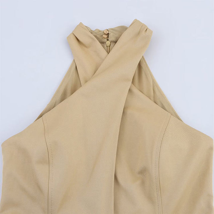 Jaslynn Khaki Belt Cross Retro Sleeveless  Midi Dress