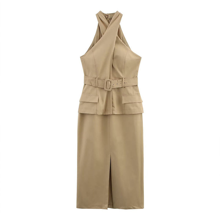 Jaslynn Khaki Belt Cross Retro Sleeveless  Midi Dress
