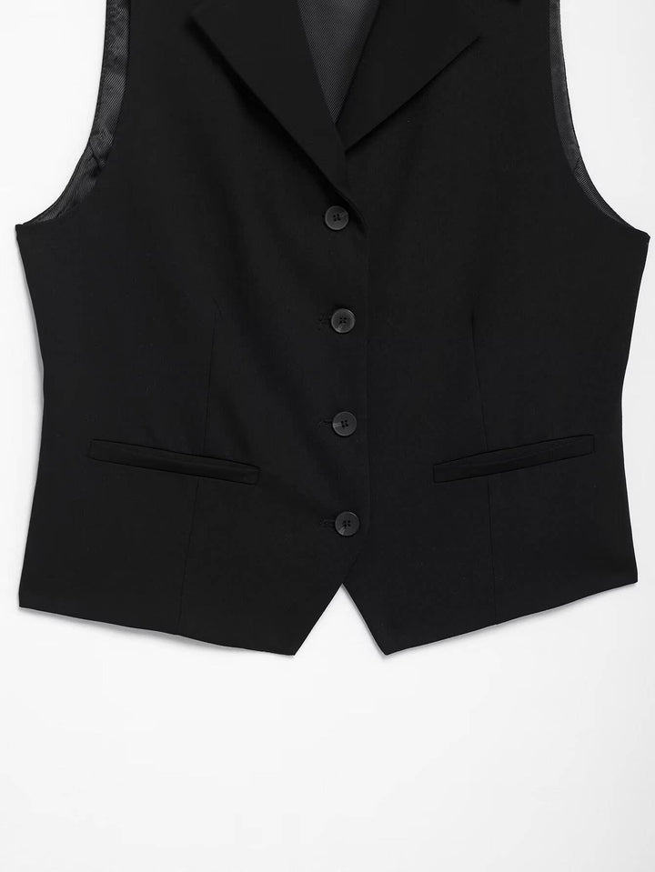 Meilani Black Single Breasted Notched Collar Sleeveless Vest