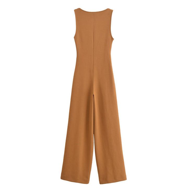 Noor Brown V Neck Vintage  Double Sided Long Jumpsuit
