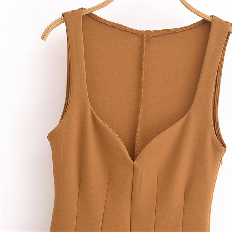 Noor Brown V Neck Vintage  Double Sided Long Jumpsuit