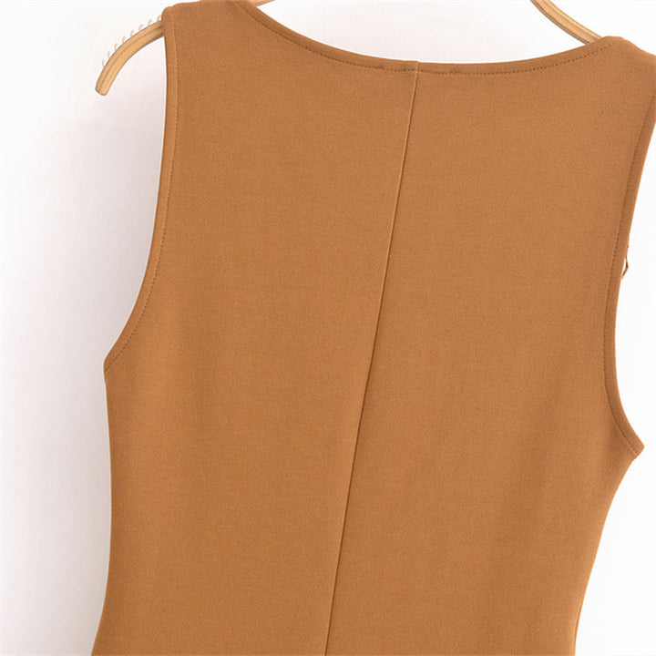 Noor Brown V Neck Vintage  Double Sided Long Jumpsuit