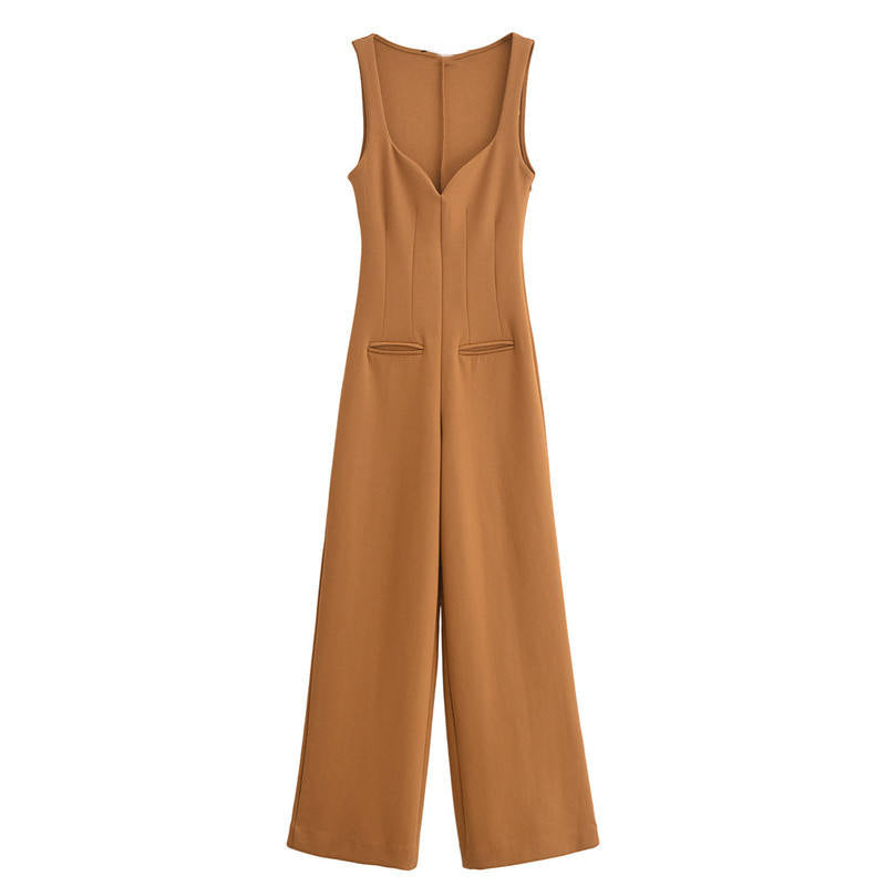 Noor Brown V Neck Vintage  Double Sided Long Jumpsuit