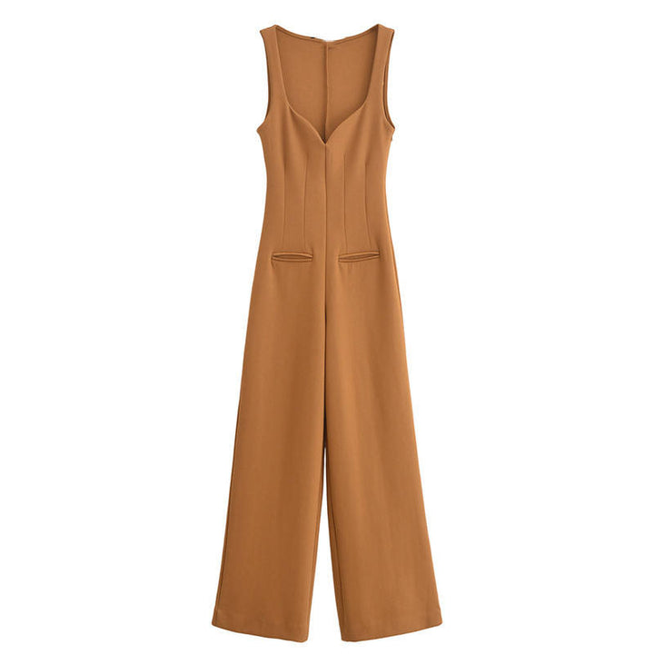Noor Brown V Neck Vintage  Double Sided Long Jumpsuit