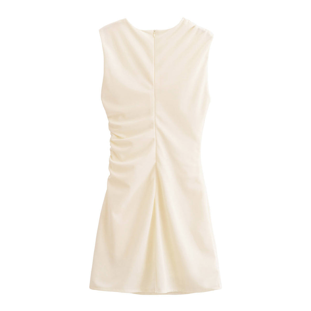 Rayne White  Crew Neck Sleeveless Front Pleated Mini Dress