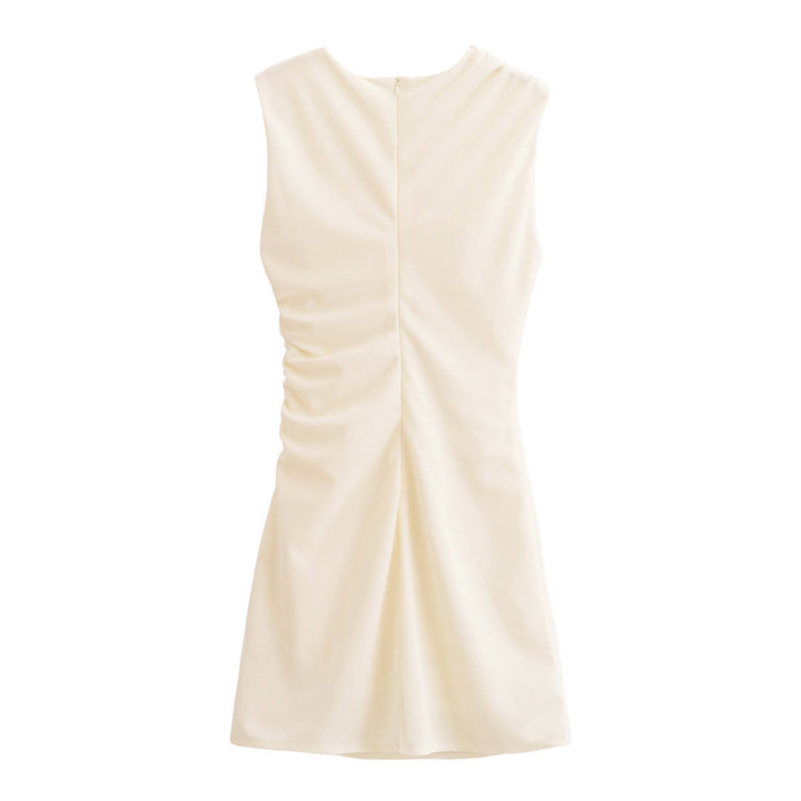 Rayne White  Crew Neck Sleeveless Front Pleated Mini Dress