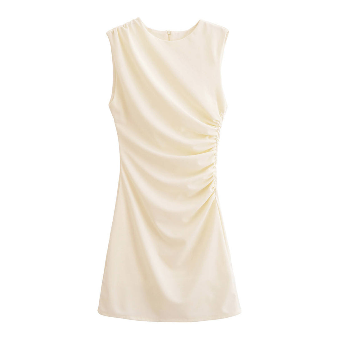 Rayne White  Crew Neck Sleeveless Front Pleated Mini Dress