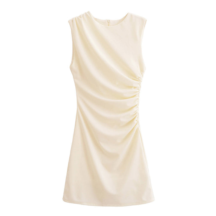 Rayne White  Crew Neck Sleeveless Front Pleated Mini Dress