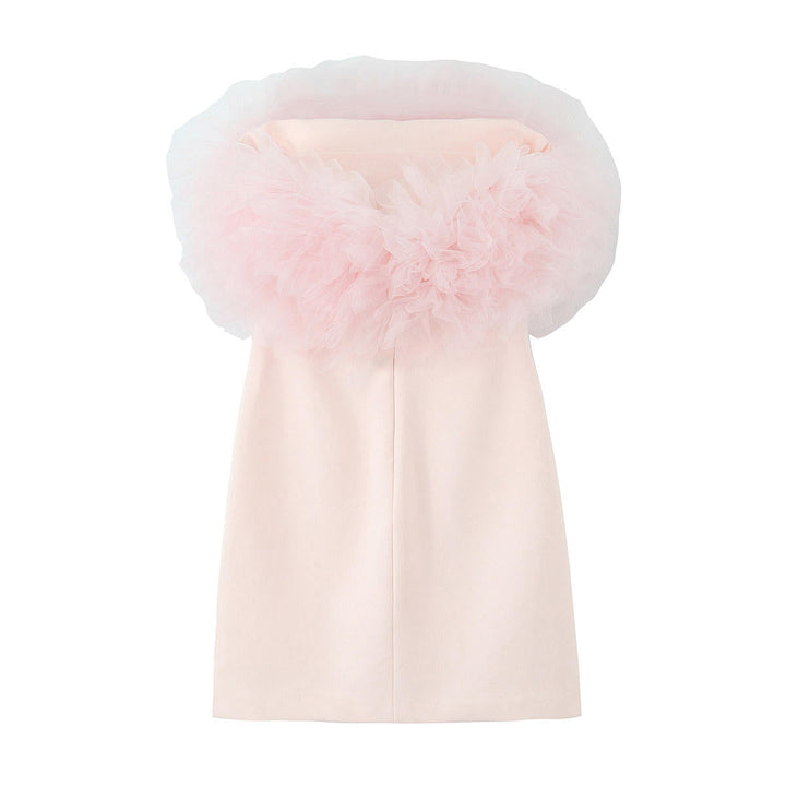 Aubriella Pastel Pink Fluffy Silk Mesh Tube Top Mini Dress
