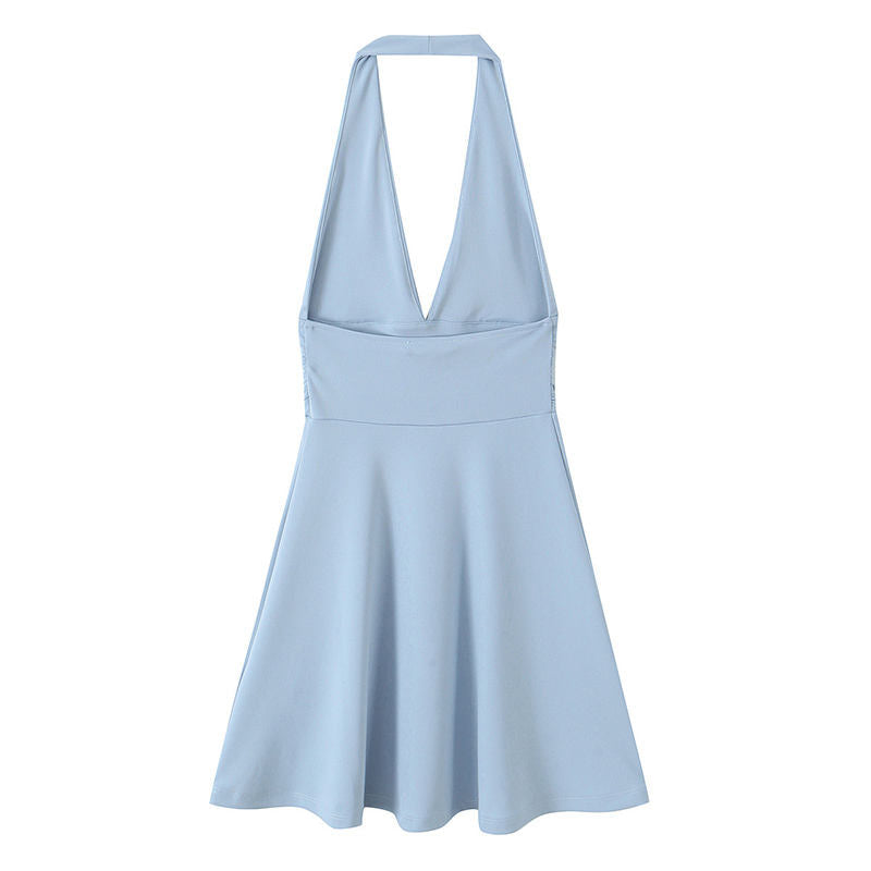 Meadow Sky Blue Back Hollow Out Sleeveless Mini Halter Dress