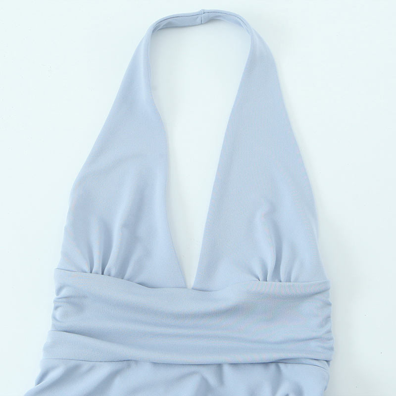 Meadow Sky Blue Back Hollow Out Sleeveless Mini Halter Dress