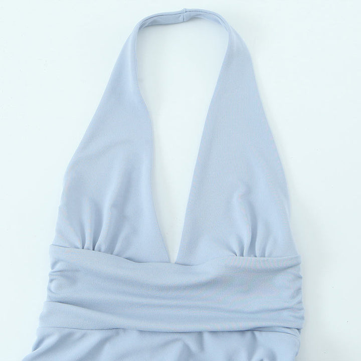 Meadow Sky Blue Back Hollow Out Sleeveless Mini Halter Dress