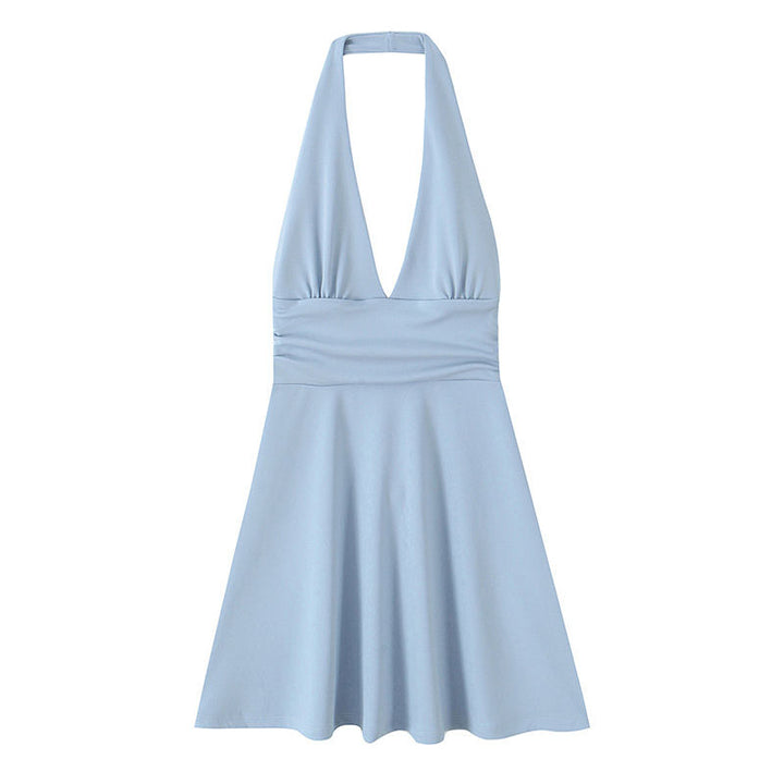 Meadow Sky Blue Back Hollow Out Sleeveless Mini Halter Dress