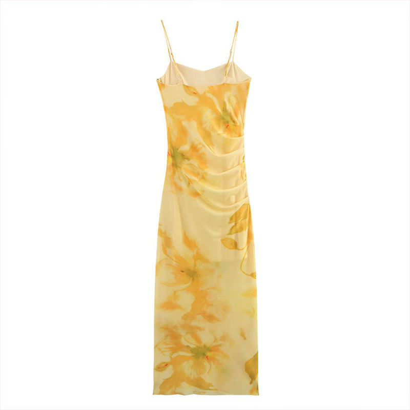 Lyre Yellow Floral Print Spaghetti Strap Midi Dress