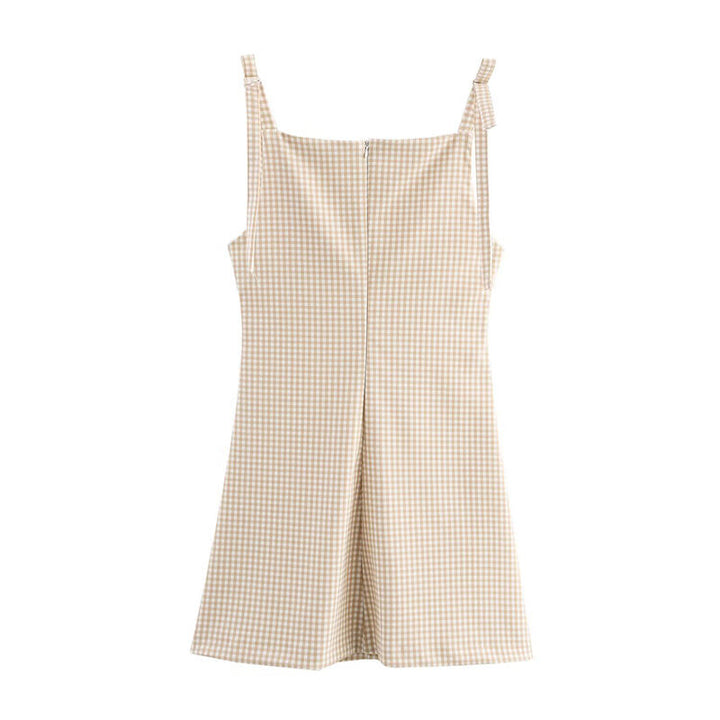 Darby  Khaki Plaid Retro Gingham Print  Sleeveless Bowknot Mini Dress