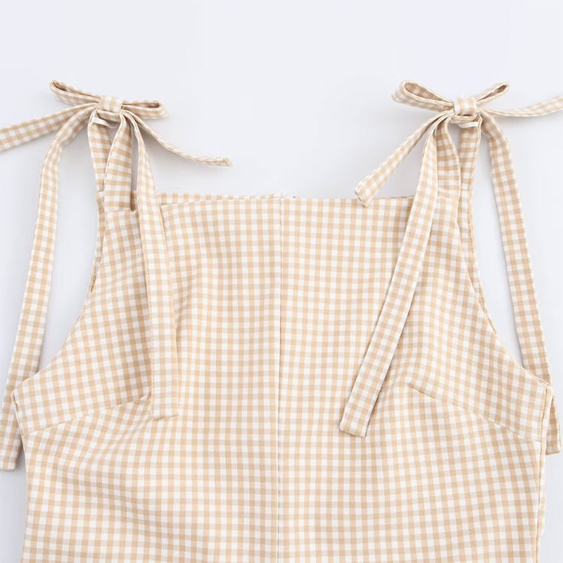 Darby  Khaki Plaid Retro Gingham Print  Sleeveless Bowknot Mini Dress