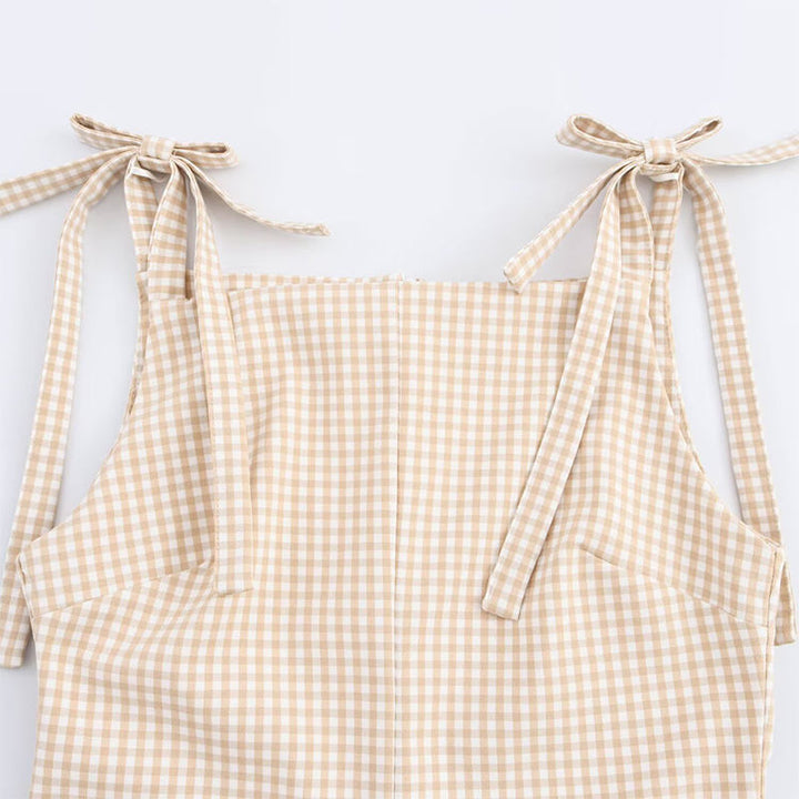 Darby  Khaki Plaid Retro Gingham Print  Sleeveless Bowknot Mini Dress