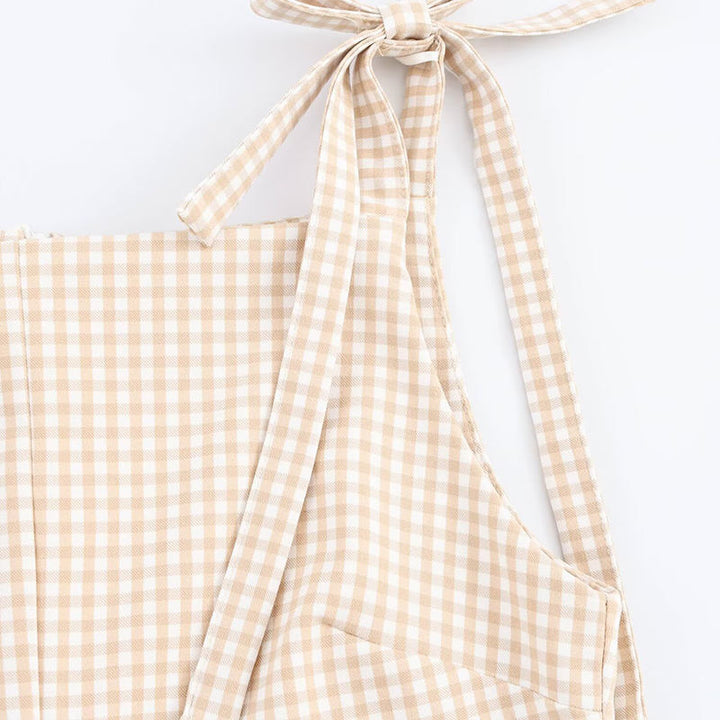 Darby  Khaki Plaid Retro Gingham Print  Sleeveless Bowknot Mini Dress