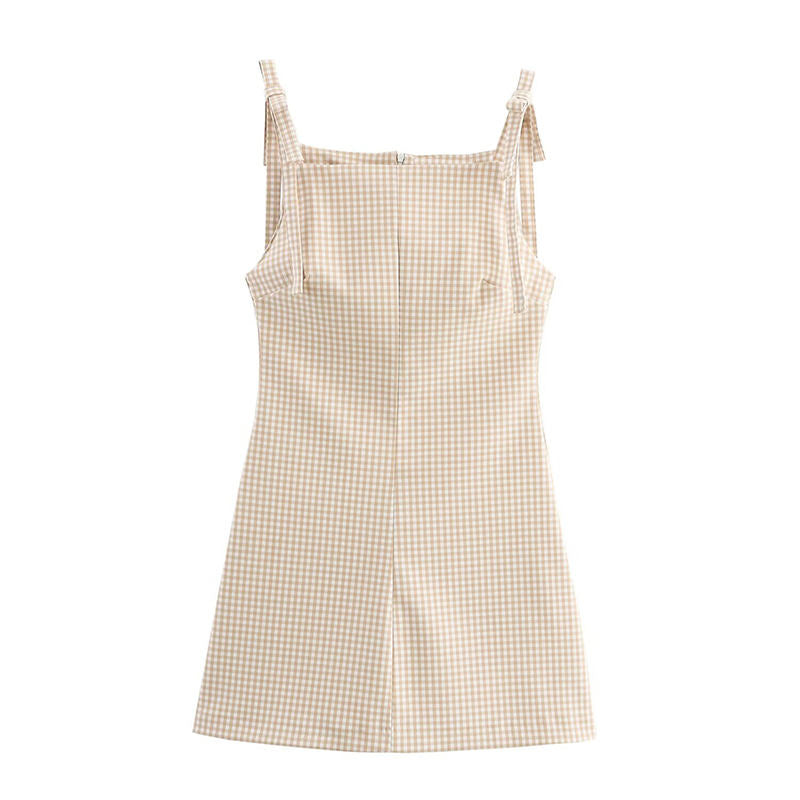 Darby  Khaki Plaid Retro Gingham Print  Sleeveless Bowknot Mini Dress