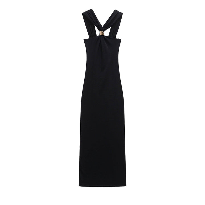 Lennox Black Gold Trim Knit Halter Neck Vintage Sleeveless Maxi Dress