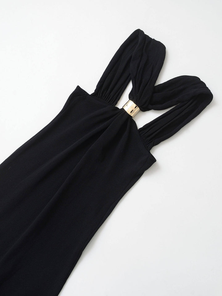 Lennox Black Gold Trim Knit Halter Neck Vintage Sleeveless Maxi Dress