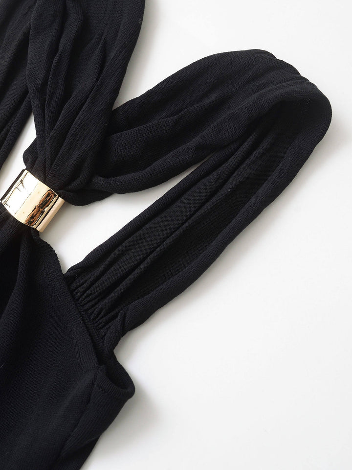 Lennox Black Gold Trim Knit Halter Neck Vintage Sleeveless Maxi Dress