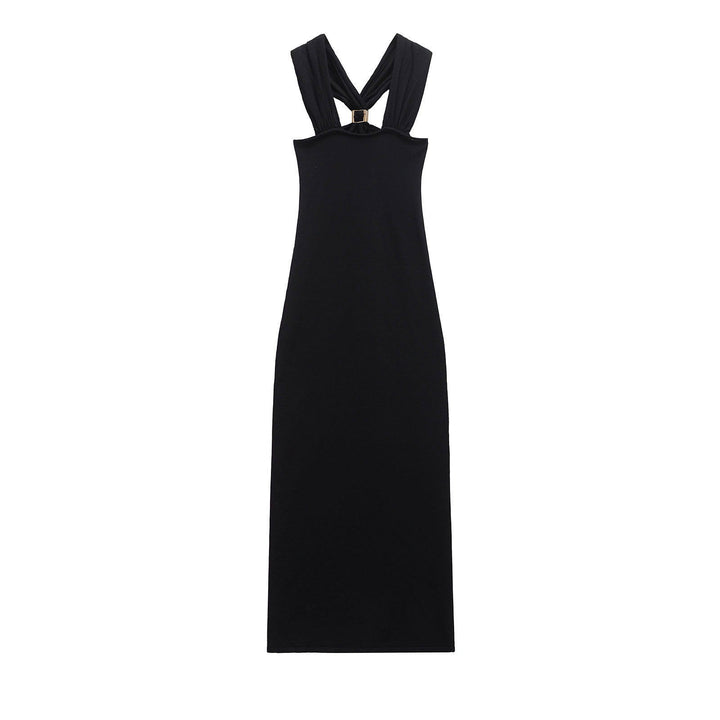 Lennox Black Gold Trim Knit Halter Neck Vintage Sleeveless Maxi Dress