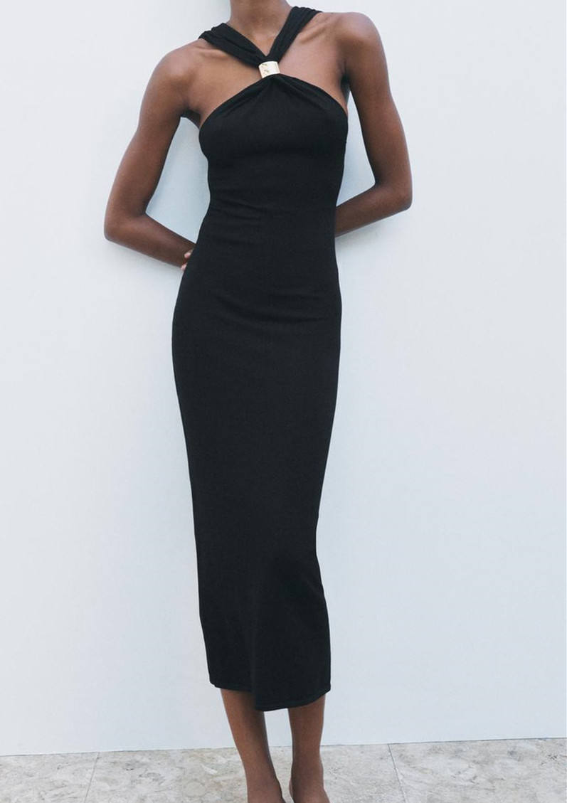 Lennox Black Gold Trim Knit Halter Neck Vintage Sleeveless Maxi Dress