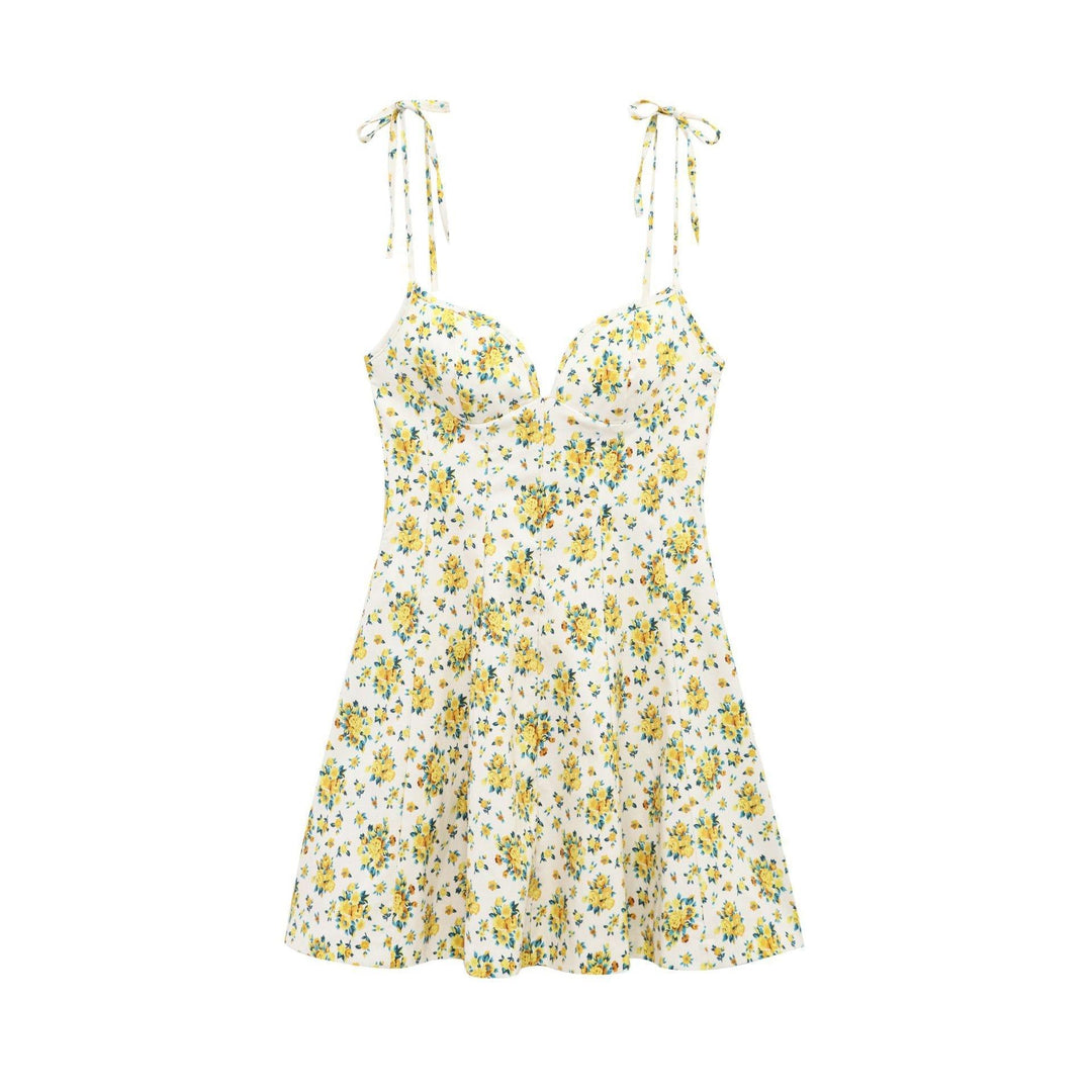 Ariadne Yellow  Floral Print Spaghetti Strap Mini Dress