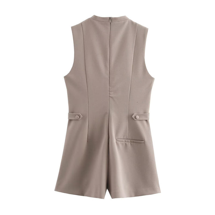 Clementine Khaki Crew Neck Buttons Up Jumpsuit