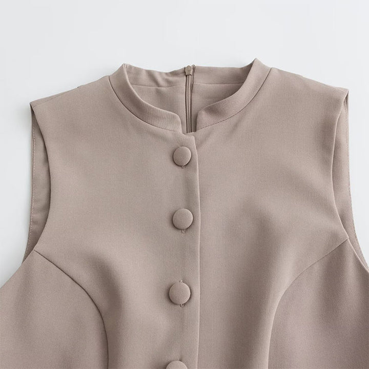 Clementine Khaki Crew Neck Buttons Up Jumpsuit