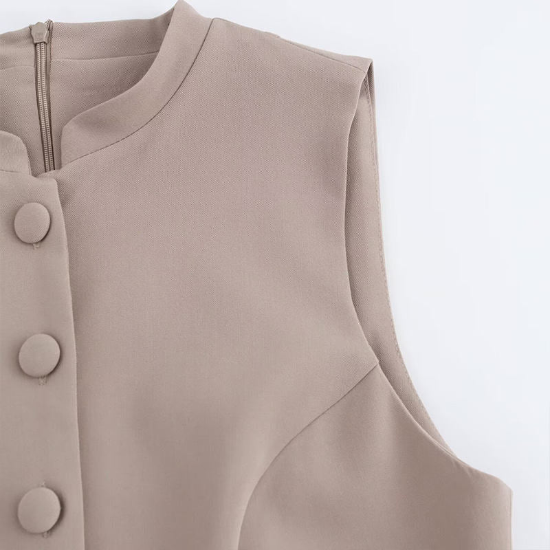 Clementine Khaki Crew Neck Buttons Up Jumpsuit