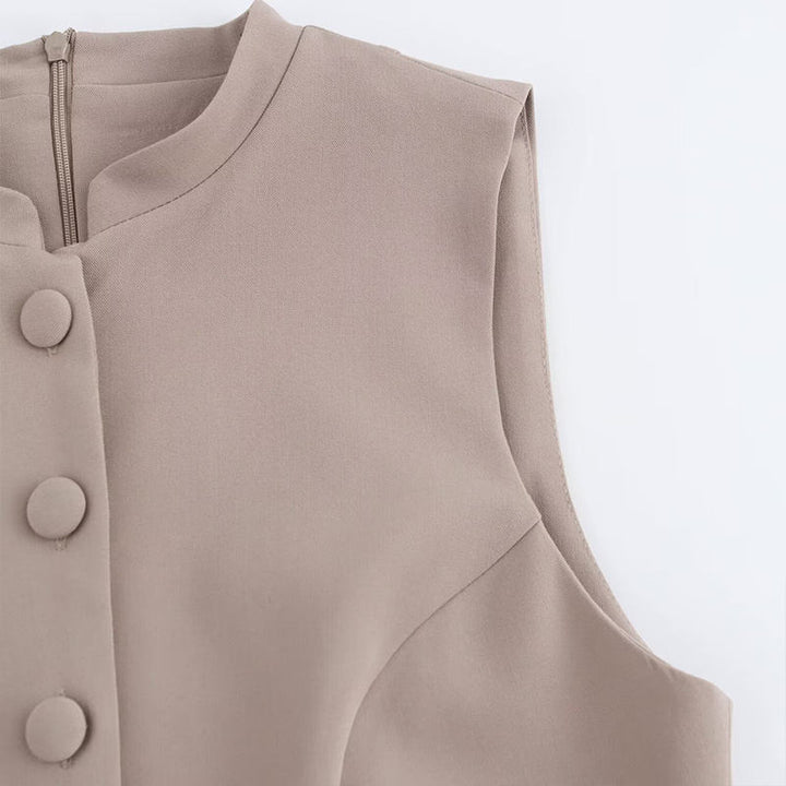 Clementine Khaki Crew Neck Buttons Up Jumpsuit