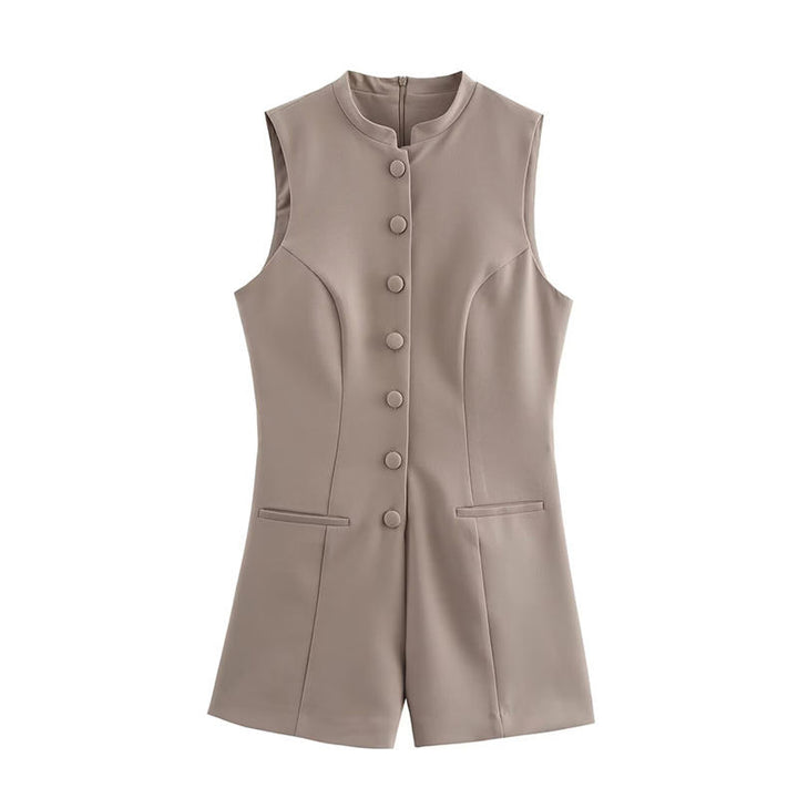 Clementine Khaki Crew Neck Buttons Up Jumpsuit