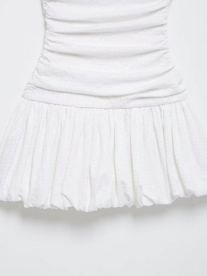 Kadence White Shoulder Strap Pleated Balloon Mini  Dress