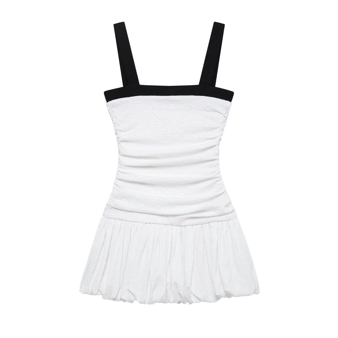 Kadence White Shoulder Strap Pleated Balloon Mini  Dress