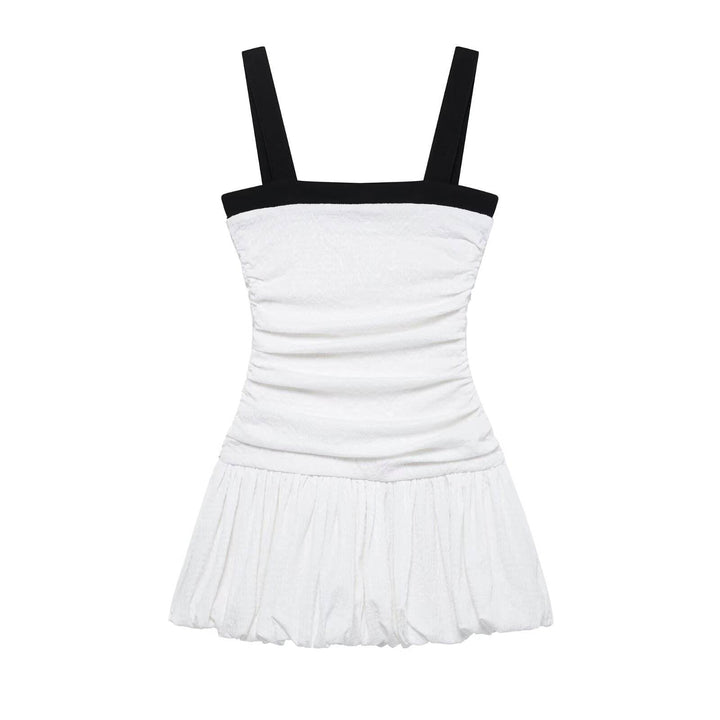 Kadence White Shoulder Strap Pleated Balloon Mini  Dress
