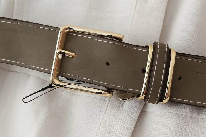 Saige Cream Button Down  Lapel Long Sleeve Belt Mini Dress