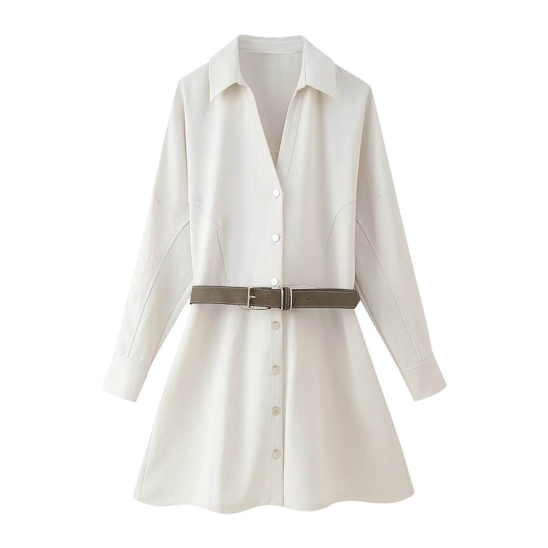Saige Cream Button Down  Lapel Long Sleeve Belt Mini Dress